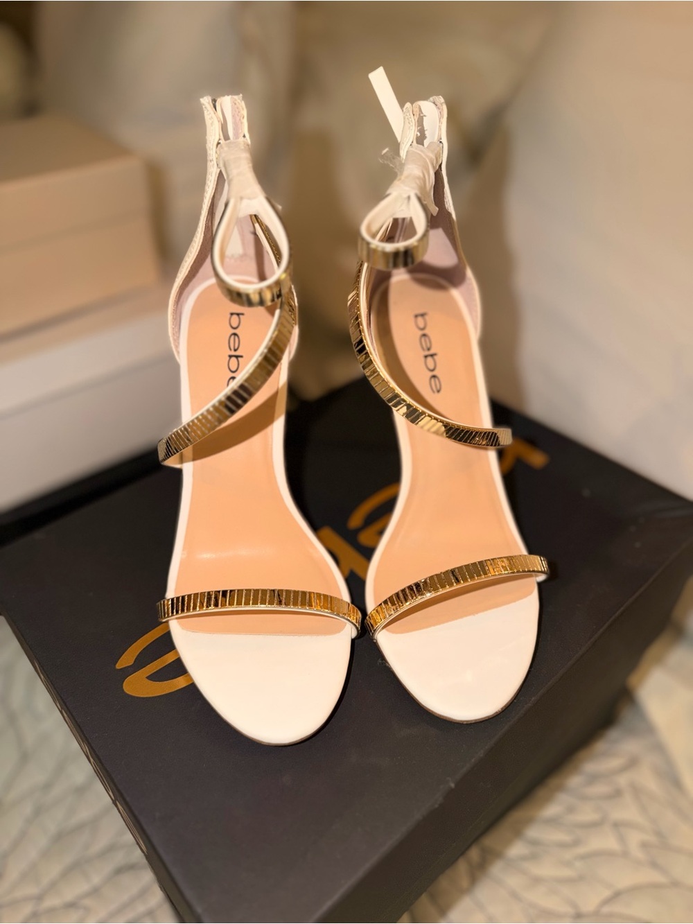 bebe Cream Open-Toe Heels with Gold Accent Straps